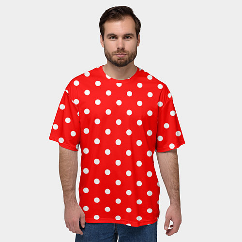 Мужская футболка оверсайз Белый горошек на красном / 3D-принт – фото 3