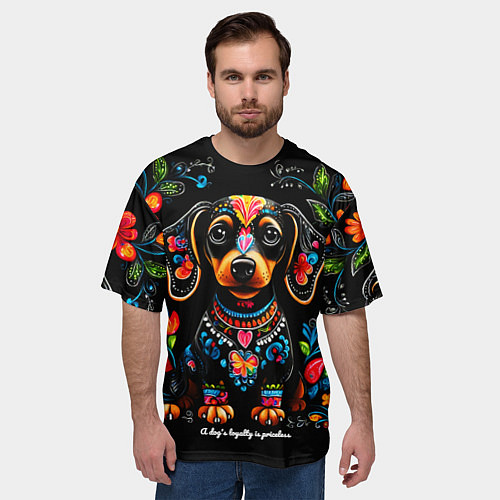 Мужская футболка оверсайз Такса с цветами и узорами / 3D-принт – фото 3
