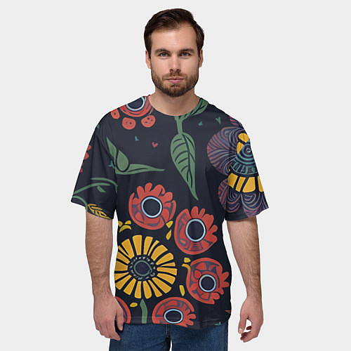 Мужская футболка оверсайз Простые цветы на глубоком синем / 3D-принт – фото 3