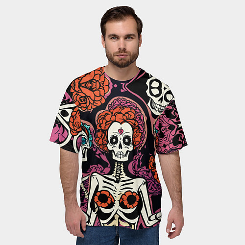 Мужская футболка оверсайз Черепа с цветами в гриме муэрто / 3D-принт – фото 3