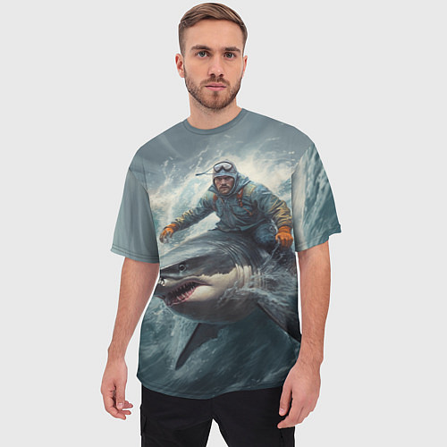Мужская футболка оверсайз Мужчина верхом на акуле / 3D-принт – фото 3