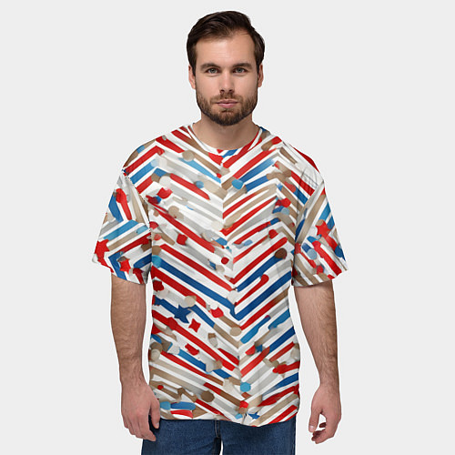 Мужская футболка оверсайз Новогодние линии синий и красный / 3D-принт – фото 3