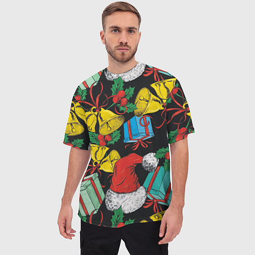 Мужская футболка оверсайз Узор с рождественскими колокольчиками / 3D-принт – фото 3