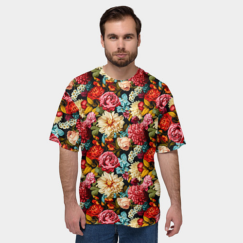 Мужская футболка оверсайз Узор из роз и разных цветов / 3D-принт – фото 3