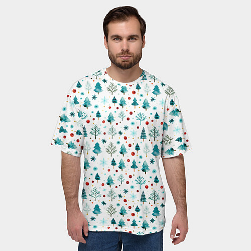 Мужская футболка оверсайз Новогодние элементы елки снежинки шарики / 3D-принт – фото 3