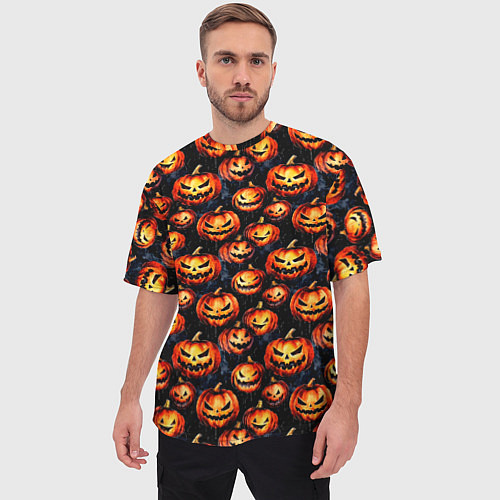 Мужская футболка оверсайз Весёлые тыквы на Хеллоуин паттерн / 3D-принт – фото 3