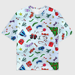 Футболка оверсайз мужская Елочный узор с новогодними атрибутами, цвет: 3D-принт
