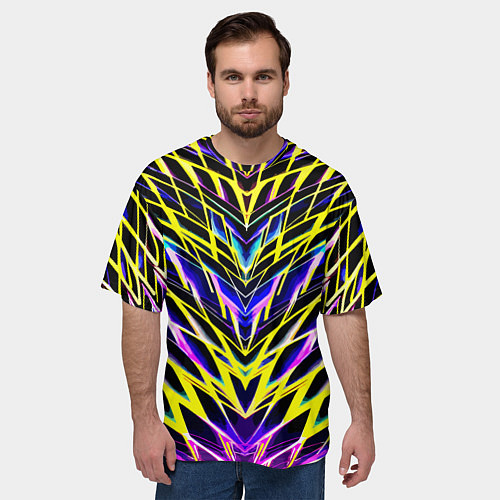 Мужская футболка оверсайз Зеркальный неоновый паттерн / 3D-принт – фото 3