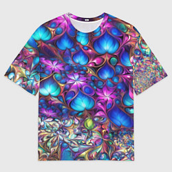 Футболка оверсайз мужская Абстракция синие листья и фиолетовый цветы, цвет: 3D-принт