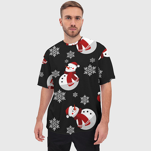 Мужская футболка оверсайз Снеговички в зимних шапочках со снежинками / 3D-принт – фото 3