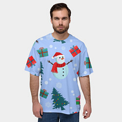 Футболка оверсайз мужская Снеговики с новогодними подарками паттерн, цвет: 3D-принт — фото 2