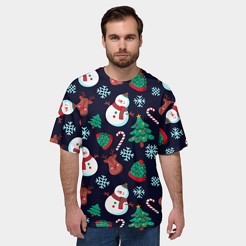 Мужская футболка оверсайз Снеговички с рождественскими оленями и елками / 3D-принт – фото 3