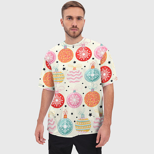 Мужская футболка оверсайз Разноцветные новогодние шары / 3D-принт – фото 3
