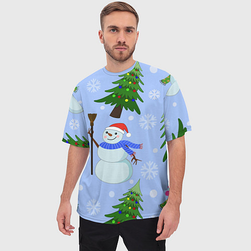 Мужская футболка оверсайз Снеговики с новогодними елками паттерн / 3D-принт – фото 3