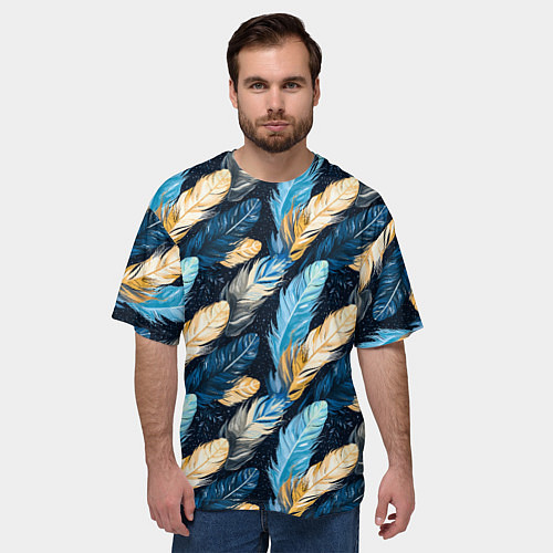 Мужская футболка оверсайз Перья птиц на темном фоне паттерн / 3D-принт – фото 3