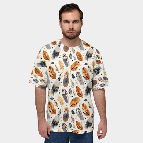 Мужская футболка оверсайз Причудливые перья птиц на белом фоне / 3D-принт – фото 3