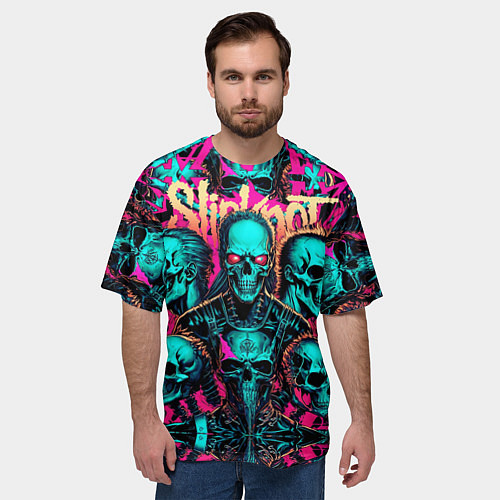Мужская футболка оверсайз Slipknot на фоне рок черепов / 3D-принт – фото 3