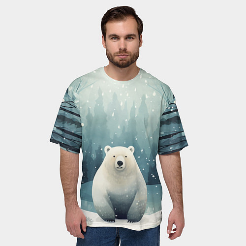 Мужская футболка оверсайз Мишка в зимнем лесу в стиле фолк-арт / 3D-принт – фото 3