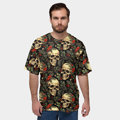 Мужская футболка оверсайз Череп рябина шишки и хвойные ветки / 3D-принт – фото 3