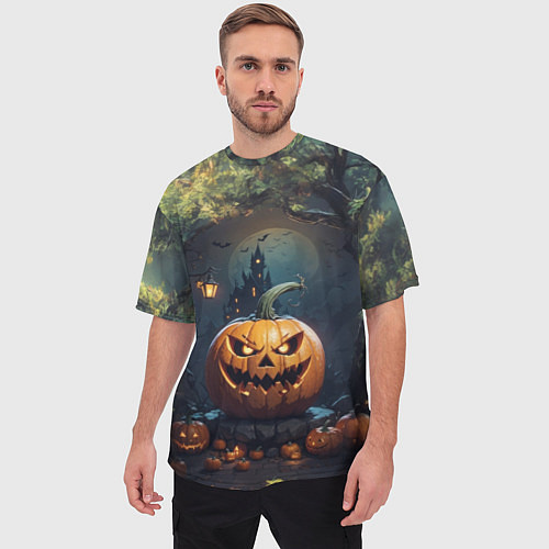 Мужская футболка оверсайз Праздничная хэллоуинская тыква / 3D-принт – фото 3