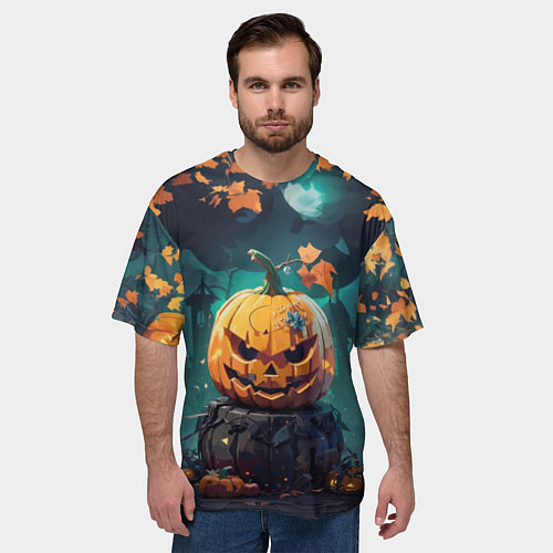 Мужская футболка оверсайз Хэллоуинская тыква под луной / 3D-принт – фото 3