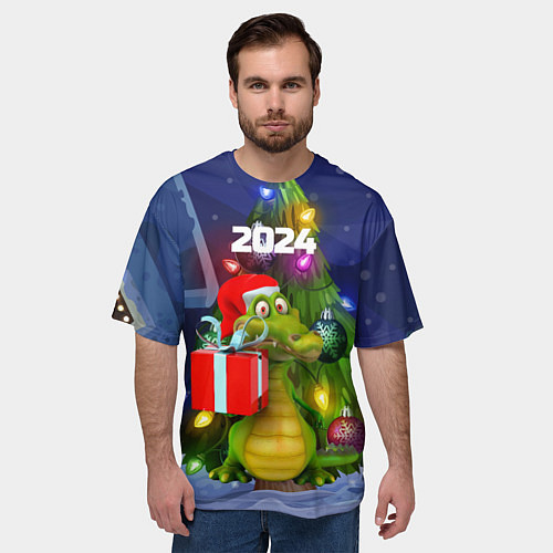 Мужская футболка оверсайз Дракон с подарком у елки / 3D-принт – фото 3