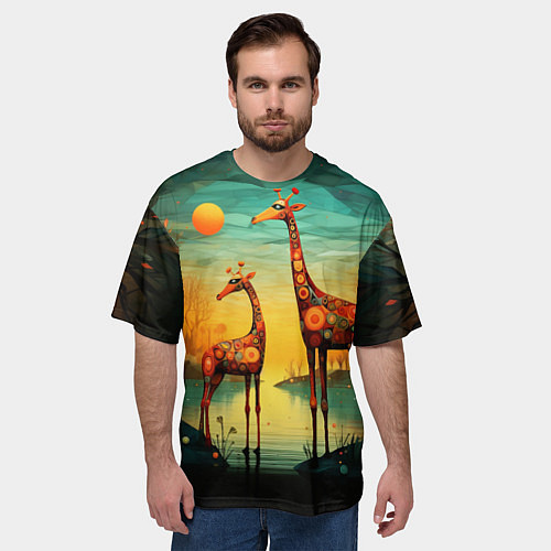 Мужская футболка оверсайз Жирафы в стиле фолк-арт / 3D-принт – фото 3