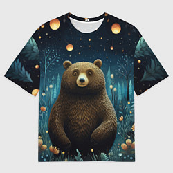 Футболка оверсайз мужская Мишка в ночном лесу в стиле фолк-арт, цвет: 3D-принт