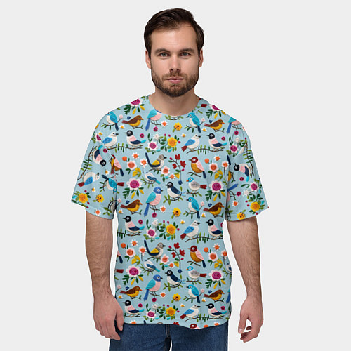 Мужская футболка оверсайз Вязаные птички паттерн / 3D-принт – фото 3