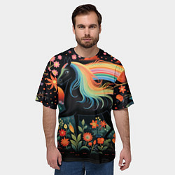 Футболка оверсайз мужская Лошадка с радужной гривой в стиле фолк-арт, цвет: 3D-принт — фото 2