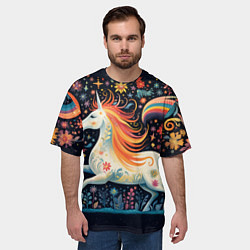 Футболка оверсайз мужская Радужная лошадка в стиле фолк-арт, цвет: 3D-принт — фото 2