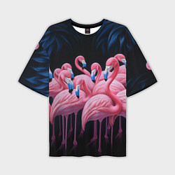 Мужская футболка оверсайз Стая розовых фламинго в темноте