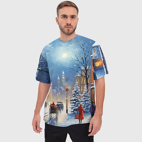 Мужская футболка оверсайз Новогодний городской пейзаж / 3D-принт – фото 3