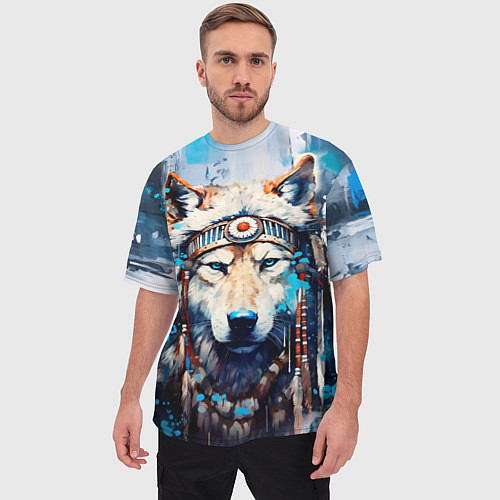 Мужская футболка оверсайз Волк индеец / 3D-принт – фото 3