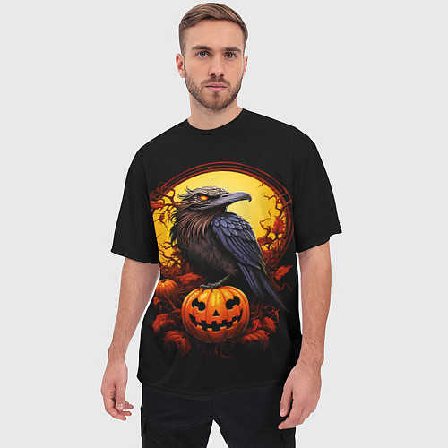 Мужская футболка оверсайз Halloween - ворон и тыква / 3D-принт – фото 3