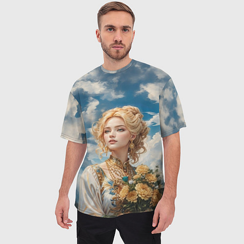 Мужская футболка оверсайз Девушка славянка с букетом цветов / 3D-принт – фото 3