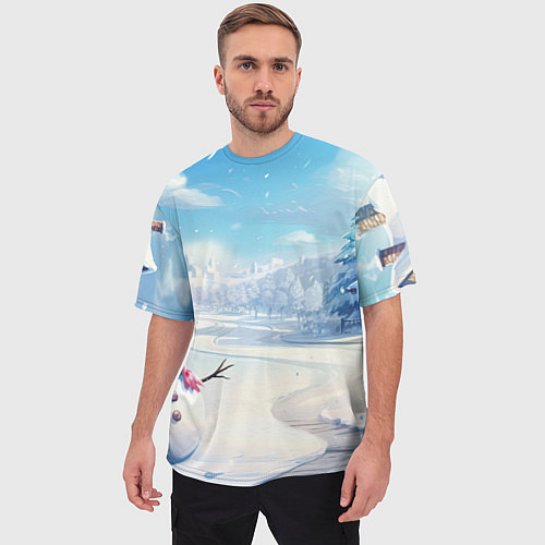 Мужская футболка оверсайз Новогодний пейзаж снеговик / 3D-принт – фото 3