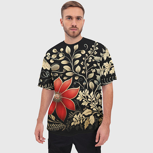 Мужская футболка оверсайз Новогодние цветы и листья / 3D-принт – фото 3