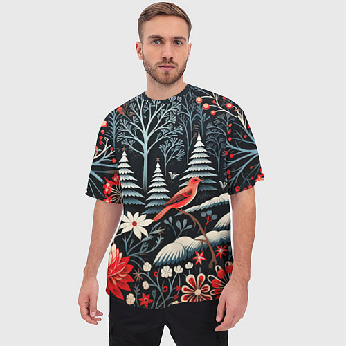 Мужская футболка оверсайз Новогодний лес и птицы / 3D-принт – фото 3