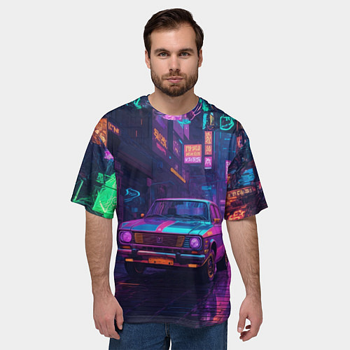 Мужская футболка оверсайз Автомобиль в неоновых цветах / 3D-принт – фото 3