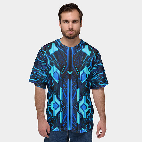 Мужская футболка оверсайз Киберпанк неоновая броня синяя / 3D-принт – фото 3