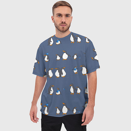 Мужская футболка оверсайз Забавное семейство пингвинов / 3D-принт – фото 3