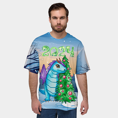 Мужская футболка оверсайз Дракон у елки 2024 / 3D-принт – фото 3