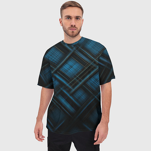 Мужская футболка оверсайз Тёмно-синяя шотландская клетка / 3D-принт – фото 3