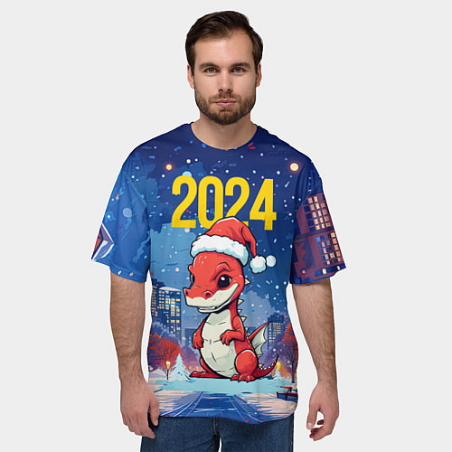 Мужская футболка оверсайз 2024 красный новогодний дракон / 3D-принт – фото 3
