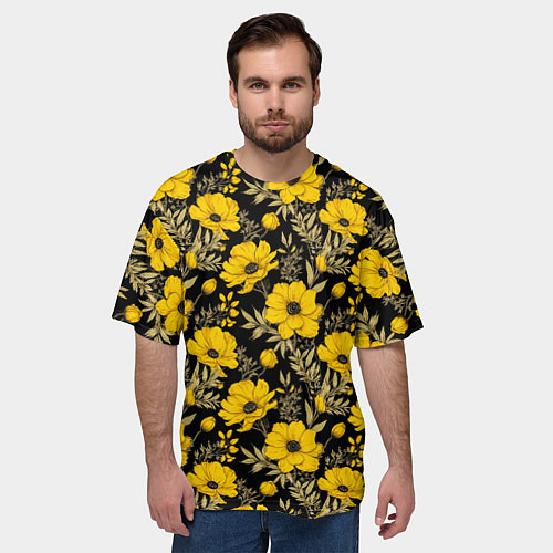 Мужская футболка оверсайз Желтые цветы на черном фоне паттерн / 3D-принт – фото 3