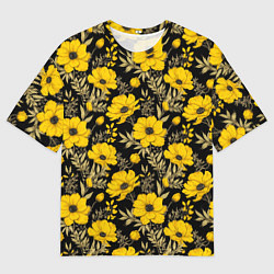 Футболка оверсайз мужская Желтые цветы на черном фоне паттерн, цвет: 3D-принт