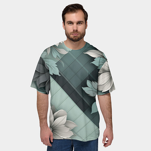 Мужская футболка оверсайз Мятная клетка и цветы / 3D-принт – фото 3