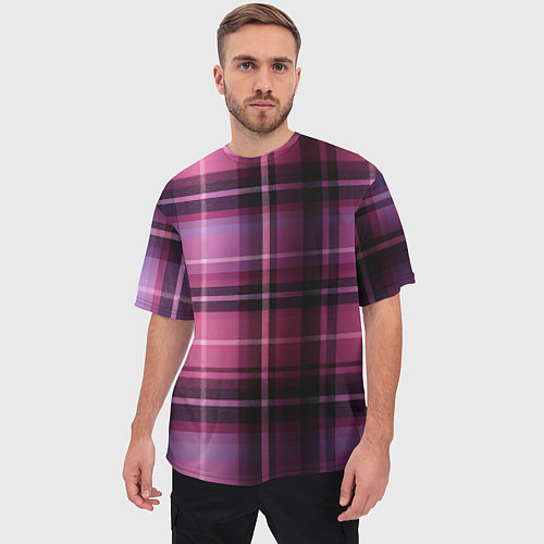 Мужская футболка оверсайз Фиолетовая шотландская клетка / 3D-принт – фото 3