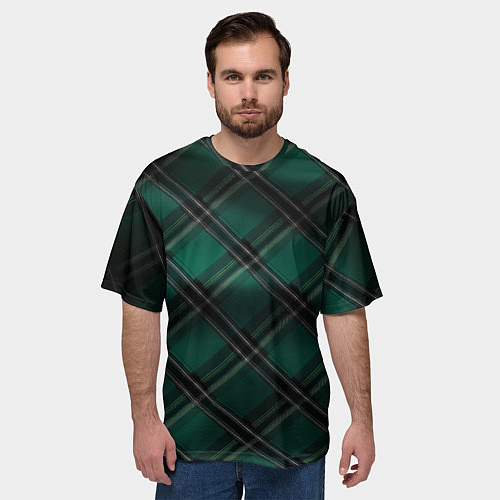 Мужская футболка оверсайз Тёмно-зелёная диагональная шотландская клетка / 3D-принт – фото 3